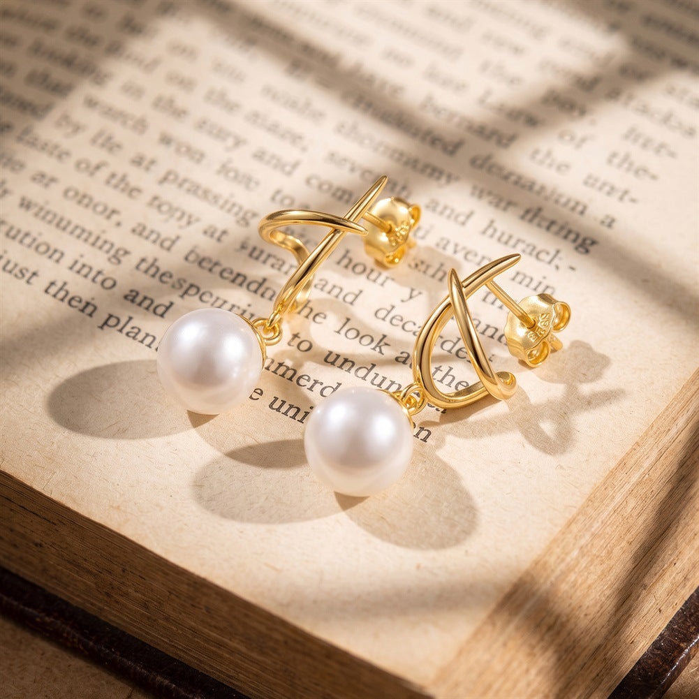 S925 Sterling Silver Twisted Cross Hook Pearl Drop Earrings, Smooth Round Pearl with Soft Creamy Luster