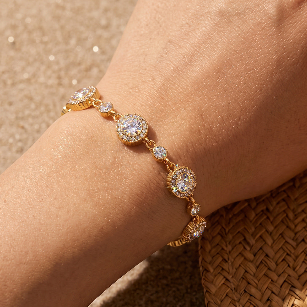 Stainless Steel Clear CZ Halo Station Bracelet, Large Round Halo Zirconia with Small Accent Stone Bracelet