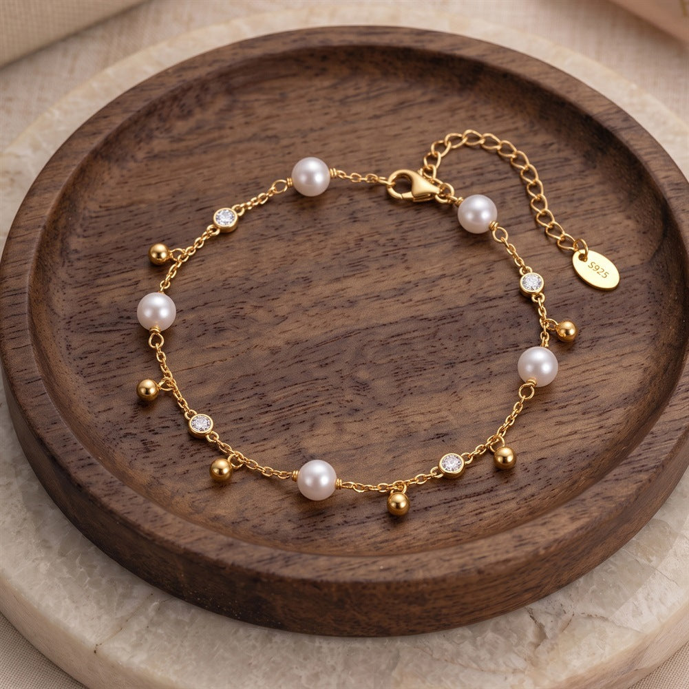 S925 Sterling Silver Dainty Pearl Bracelet, Creamy Round Pearls with Gentle Iridescent Luster, Tiny Zircon and Silver Ball Charms