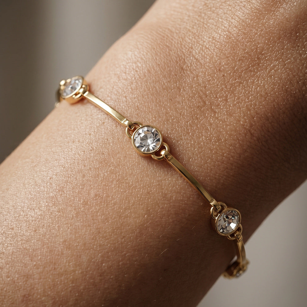 316 Stainless Steel Polished Curved Bar Bracelet with Bezel Set Round CZ Stones, 7 Sparkling Solitaire Cubic Zirconia, Adjustable Extension Chain and Lobster Clasp for Women