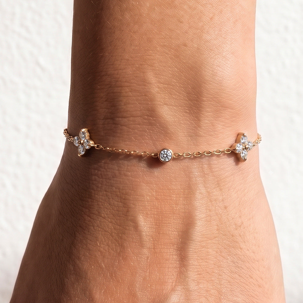 Stainless Steel Dainty Four Leaf Clover CZ Bracelet, Thin Cable Chain with Round Zirconia Accent Bracelet