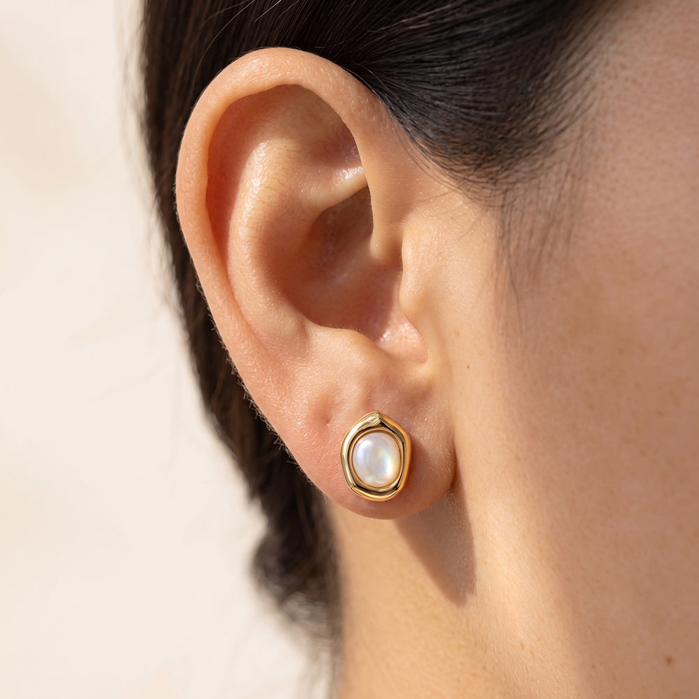 Stainless Steel Irregular Bezel White Shell Pearl Stud Earrings