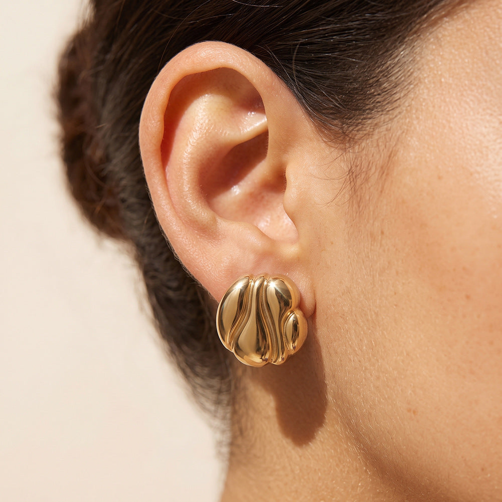 Stainless Steel Gold Plated Textured Wavy Dome Stud Earrings