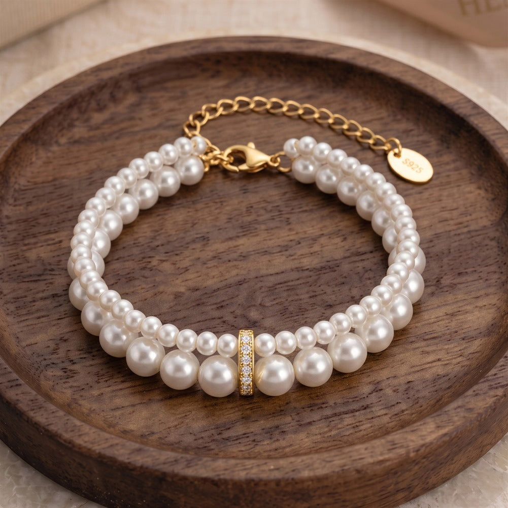S925 Sterling Silver Multi-Layer Grey Pearl Bracelet, Graduated Round Grey Pearls with Silky Gray Shimmer Accented with Sparkling Zircon