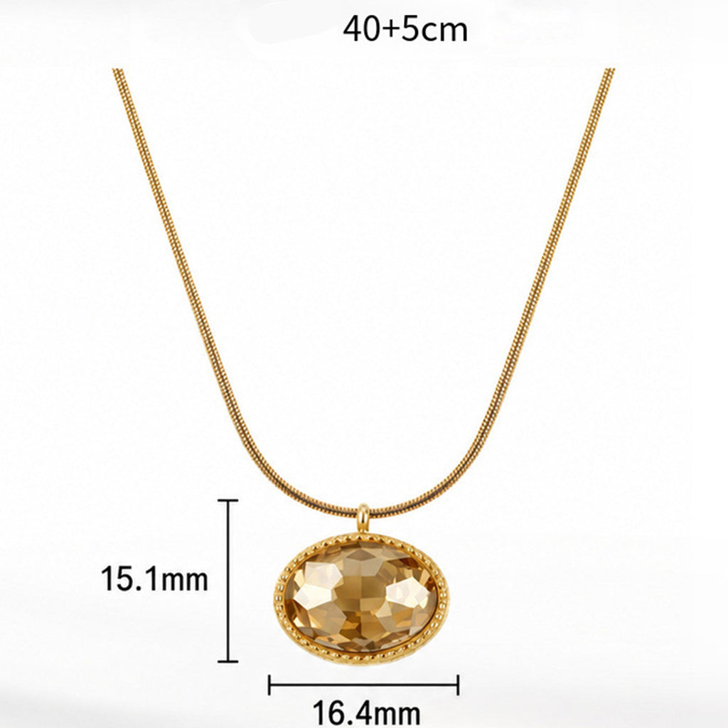 Stainless Steel Oval Champagne Crystal Snake Chain Necklace, Large Faceted Oval Champagne Crystal Stone Set in Delicate Beaded Rim, Sleek Snake Chain