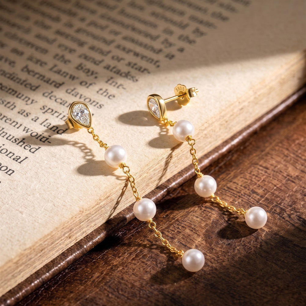 S925 Sterling Silver Long Chain Pearl Drop Earrings, Three Uniform Round Pearls with Delicate Soft Luster Suspended Below Teardrop Cut Zircon