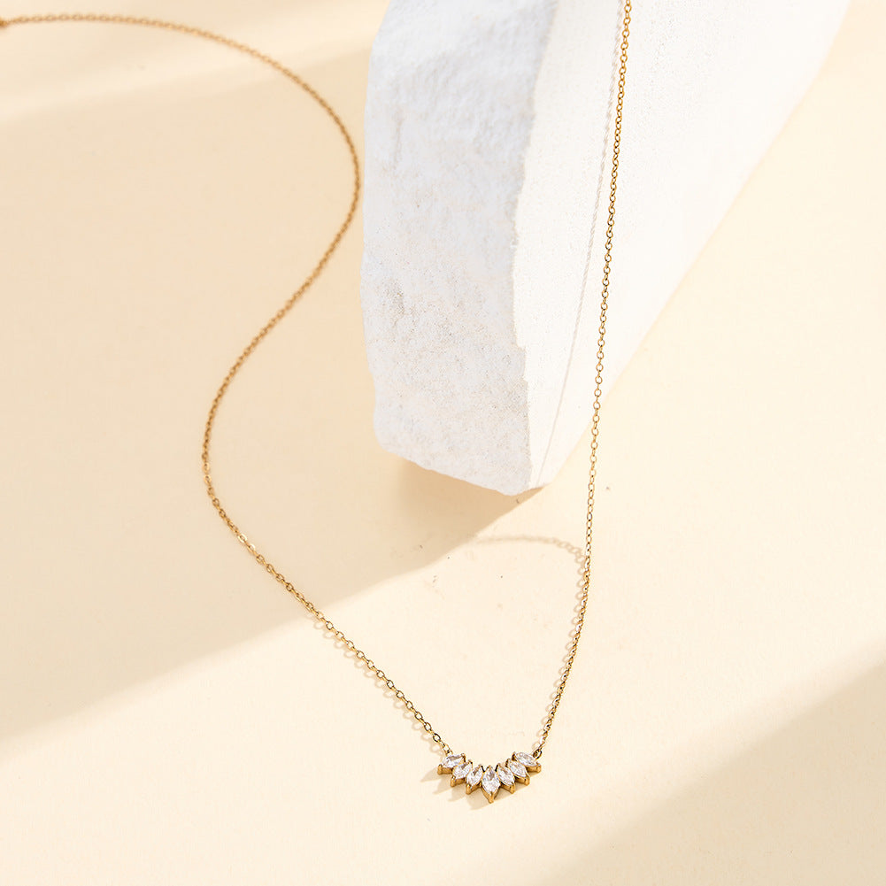 Stainless Steel Marquise CZ Curve Necklace, Six Sparkling Marquise Cut Cubic Zirconia Arranged in V-Shape Pendant, Dainty Link Chain