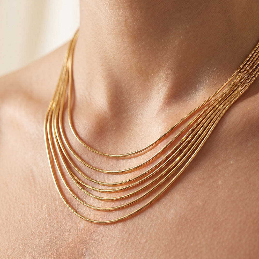 Stainless Steel Multi Layer Snake Chain Necklace, Six Strands Dainty Flat Snake Chain Minimalist Layering Necklace