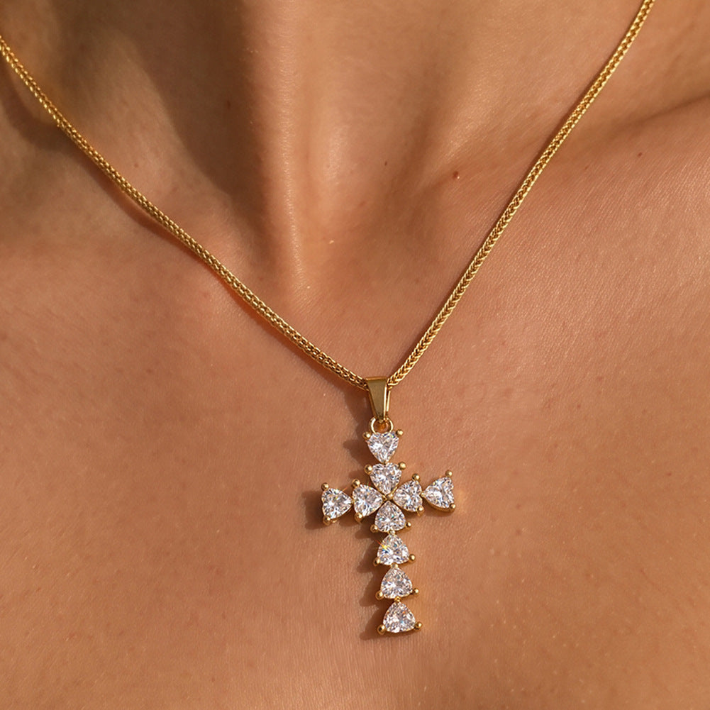 Stainless Steel Heart Cut CZ Cross Pendant Necklace, Sparkling Heart Cubic Zirconia Cross Charm on Thick Wheat Chain