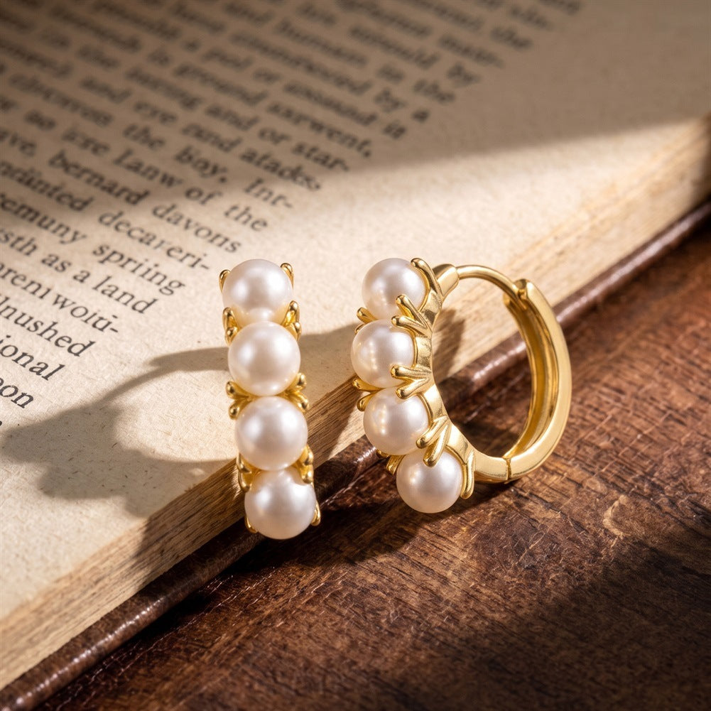 S925 Sterling Silver Grey Pearl Huggie Hoop Earrings, Four Graduated Round Pearls with Muted Smoky Luster