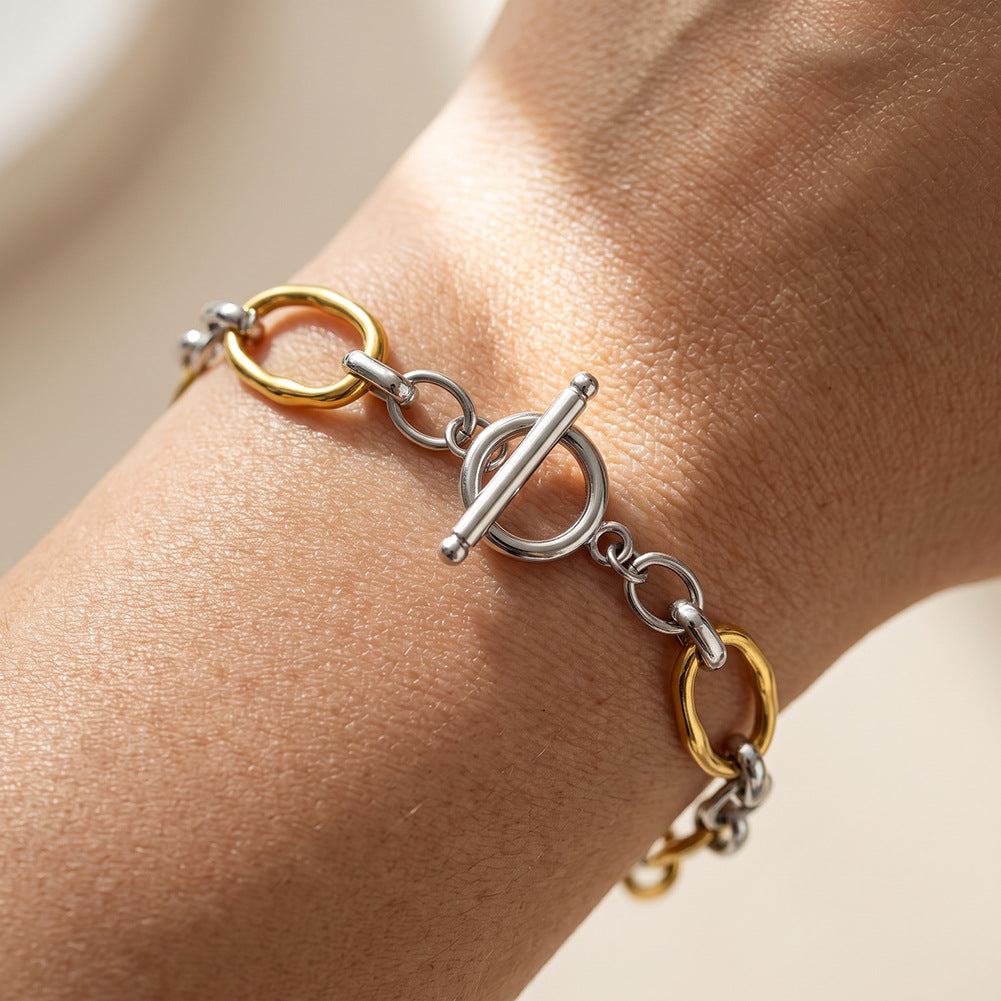Two Tone Gold Silver Stainless Steel Chunky Oval Link Bracelet, Irregular Paperclip Chain with Toggle Clasp