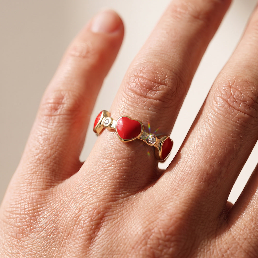 Stainless Steel Gold Plated Open Adjustable Ring with Red Enamel Hearts and Tiny CZ Stones