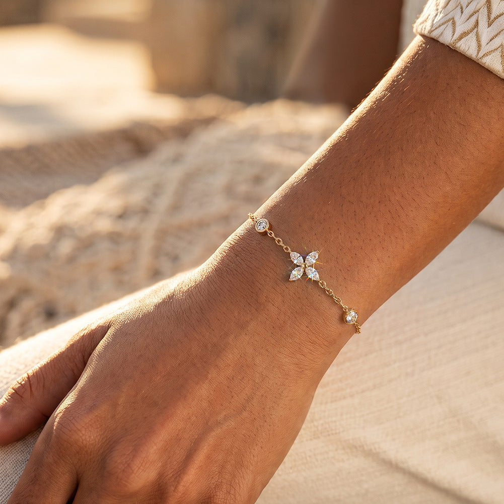 Stainless Steel Pave Four-Point Star CZ Bracelet, Minimalist Thin Chain with Round Zirconia Station Bracelet