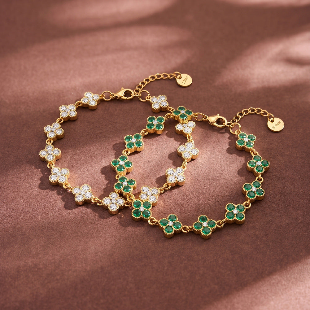 Stainless Steel Green CZ Four Leaf Clover Station Bracelet, Emerald Tone Clover Charm Adjustable Bracelet
