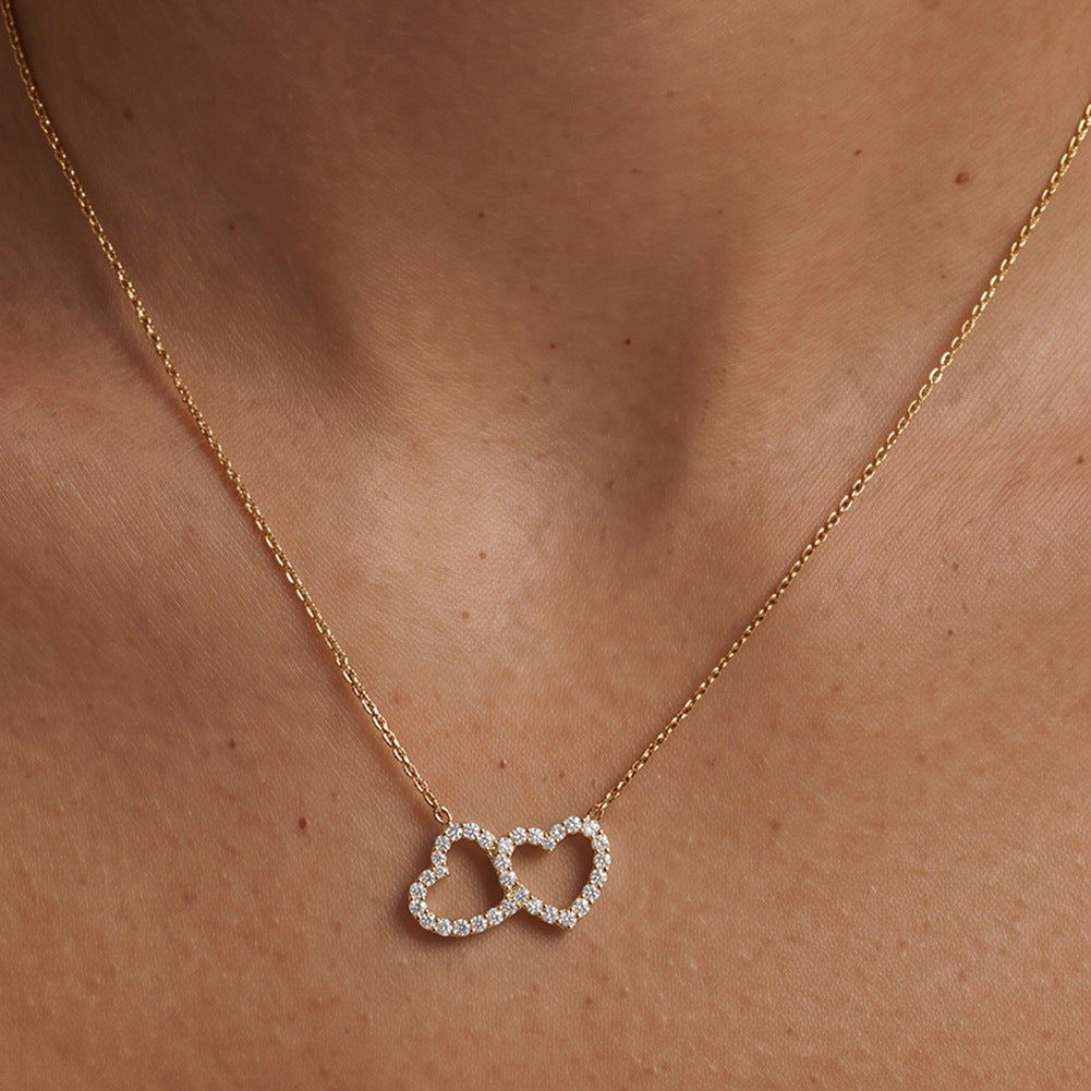 Stainless Steel Interlocking Double Heart Necklace, Two Overlapping Hollow Hearts Fully Paved with Shiny Clear Cubic Zirconia, Romantic Linked Heart Pendant