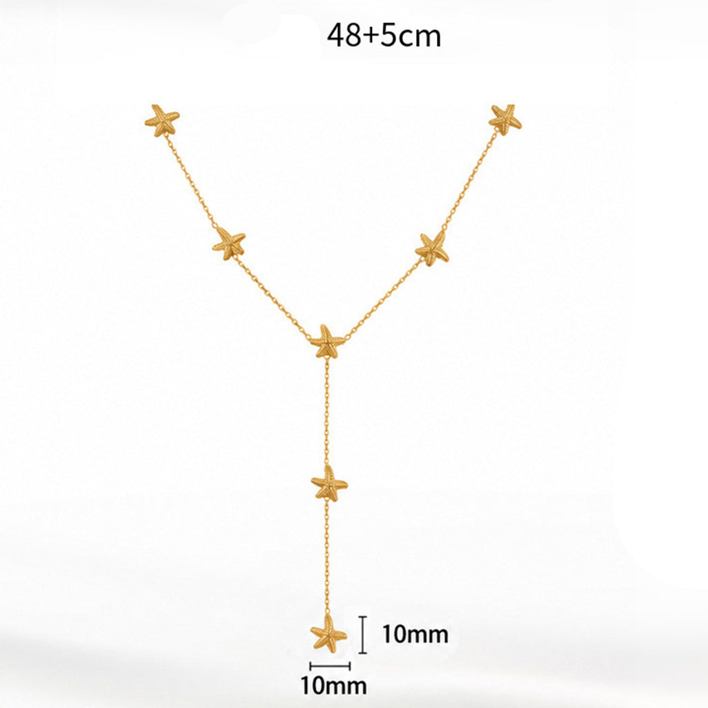Stainless Steel Starfish Y Drop Necklace, Multi Paved CZ Starfish Charms on Dainty Cable Chain, Beach Inspired Layered Y Pendant Necklace