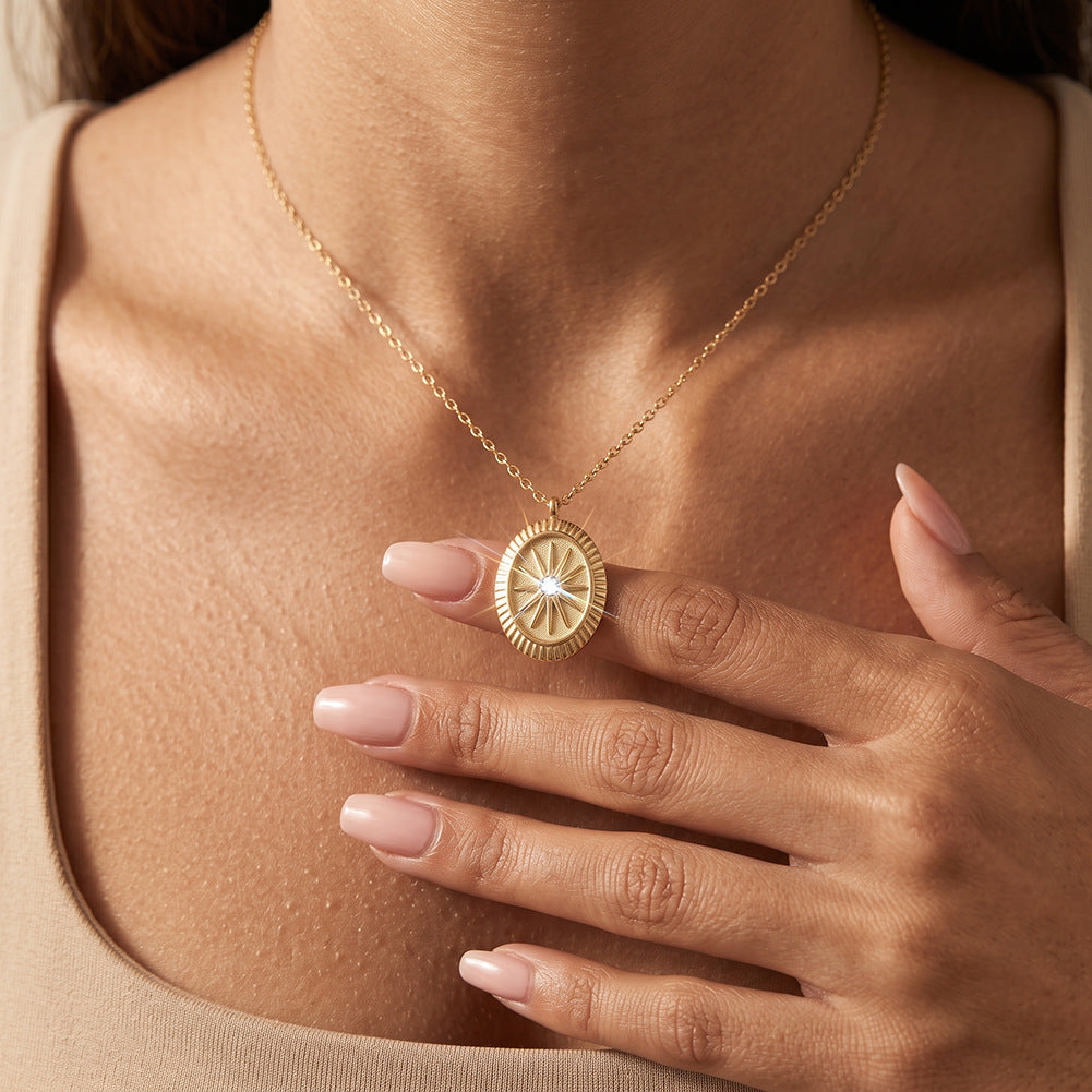 Stainless Steel Oval Sunburst Medallion Necklace, Textured Oval Sunburst Pendant with Central Sparkling CZ Stone, Vintage Hammered Surface Design
