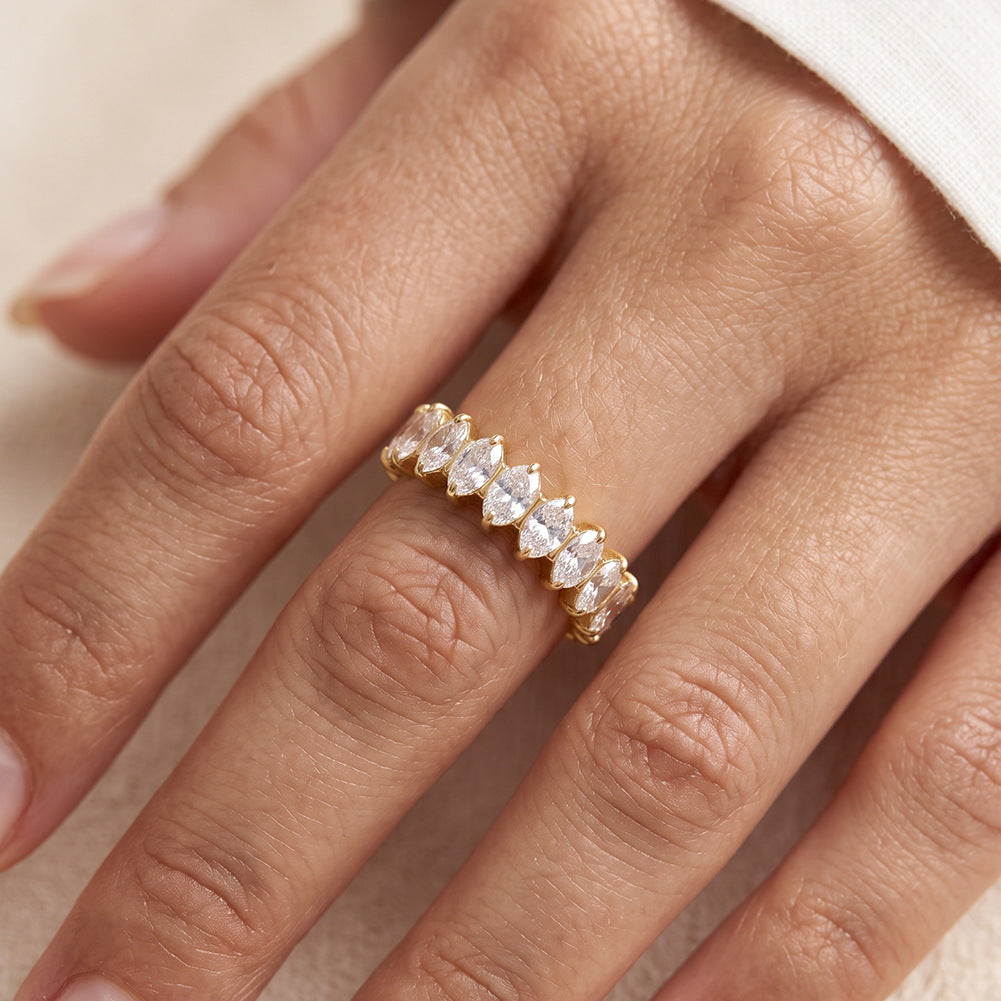 316 Stainless Steel Full Eternity Band Ring, Prong Set Oval Cut Cubic Zirconia All Around, Smooth Polished Surface, Hollow Inner Design, Glamour Stackable Statement Ring for Women