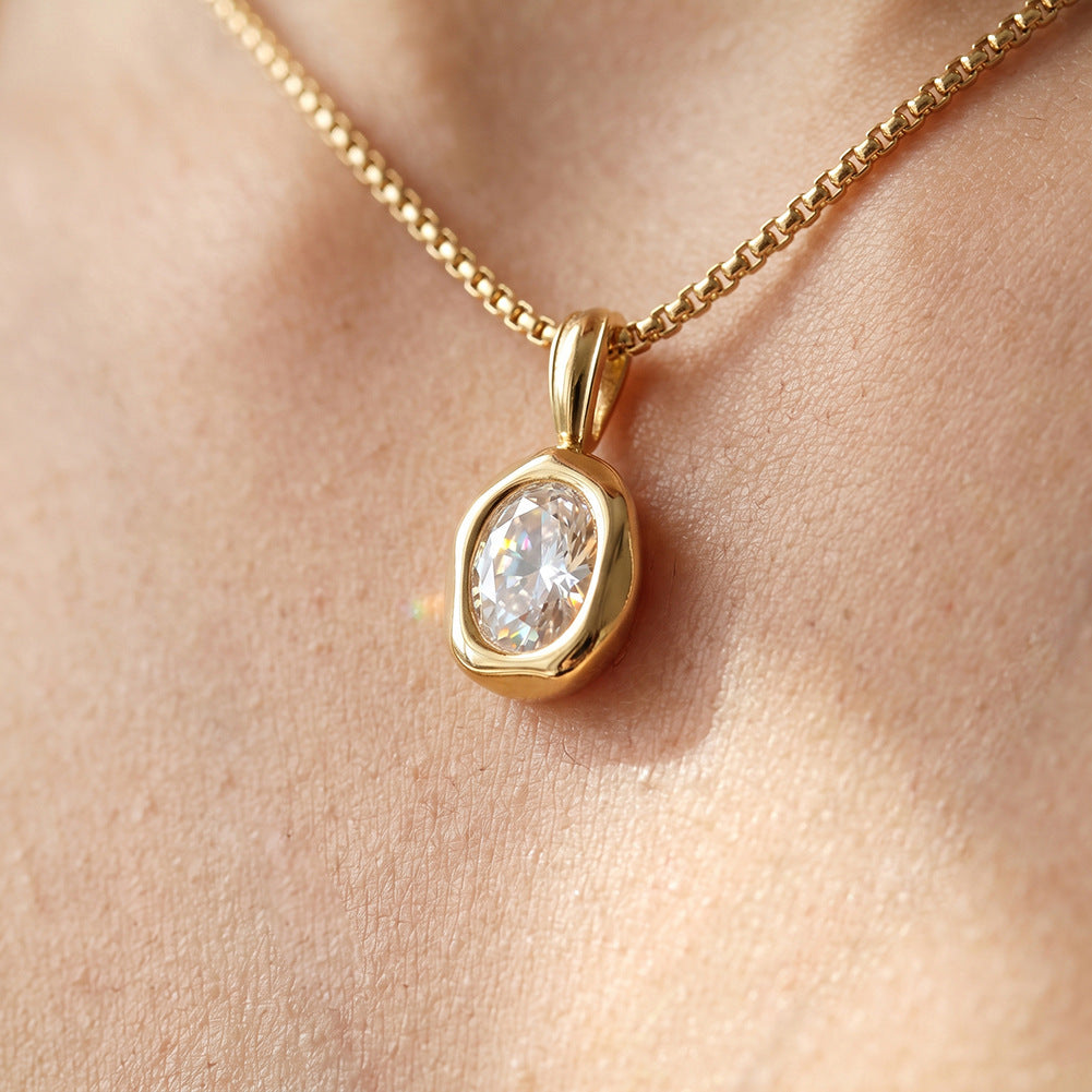 Stainless Steel Oval Cubic Zirconia Pendant Necklace, Shining Oval Cut CZ Stone Bezel Set in Polished Smooth Silver Bezel