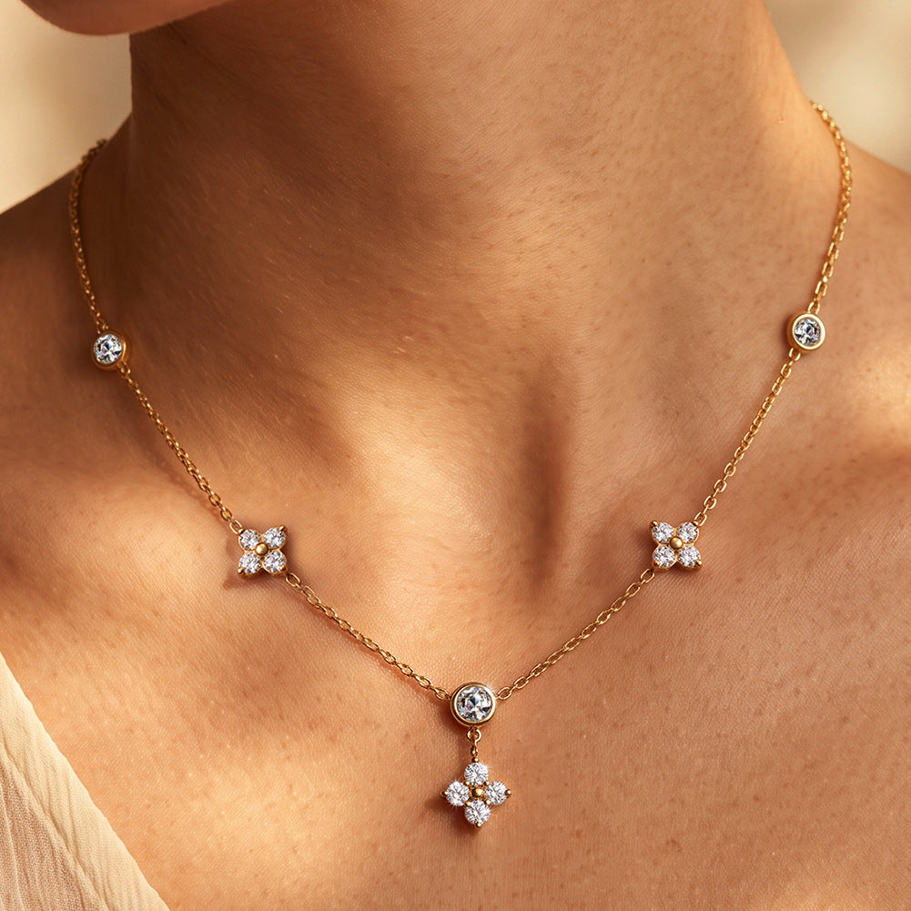 Stainless Steel Four Leaf Clover Station Necklace, Three Paved CZ Clover Charms and Round Bezel Set CZ Stations on Delicate Cable Chain