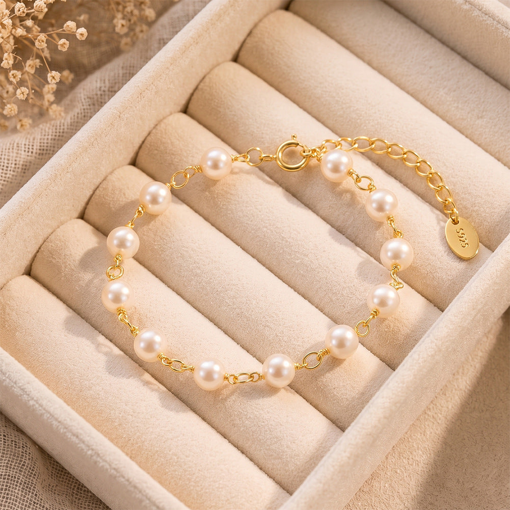 S925 Gold Plated S925 Sterling Silver Pearl Bracelet, Uniform Round Cream Pearls with Bright Elegant Lustre on Chunky Gold Chain