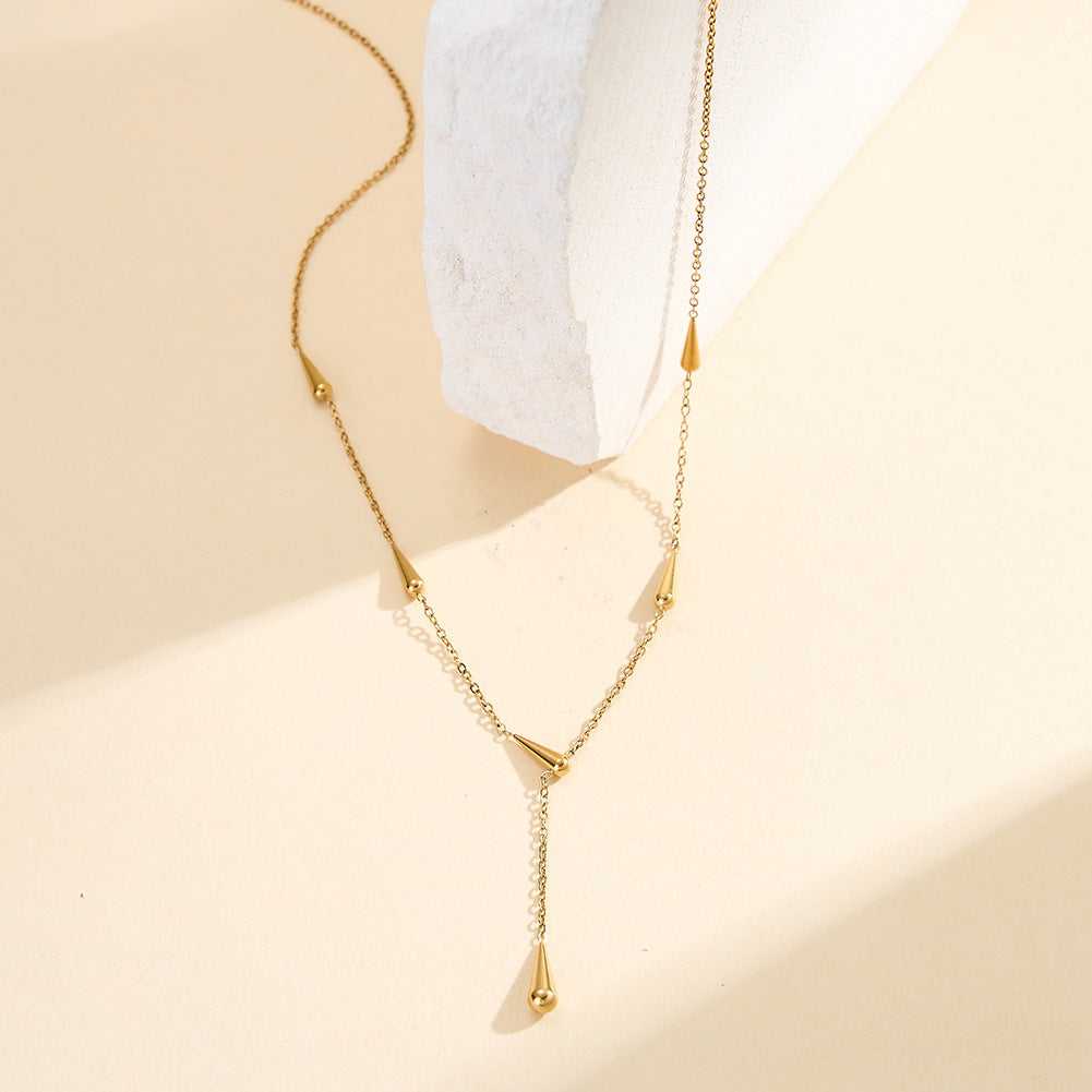 Stainless Steel Teardrop Y Drop Necklace, Multi Polished Teardrop Charms Station Y-Shaped Pendant Necklace on Dainty Cable Chain