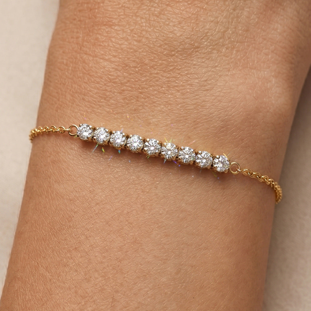 316 Stainless Steel Dainty Thin Cable Chain Bracelet, Horizontal Row of Nine Square Bezel Set CZ Crystals, Sparkling Stackable Design with Adjustable Extender and Engraved 316 Tag