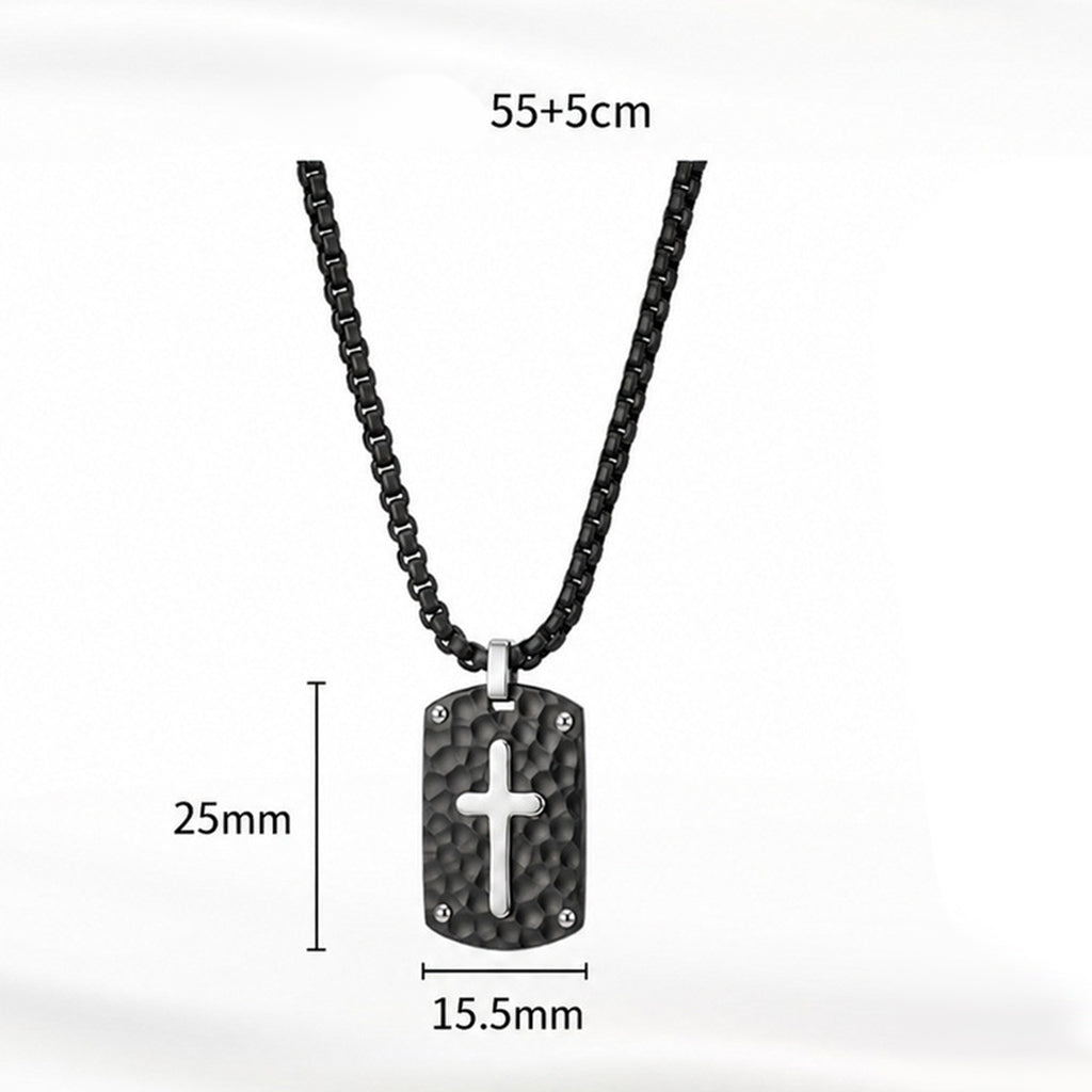 316 Stainless Steel Hammered Textured Black Dog Tag Necklace, Two-Tone Silver Inlaid Cross Pendant with Rivet Details, Black Box Chain for Men