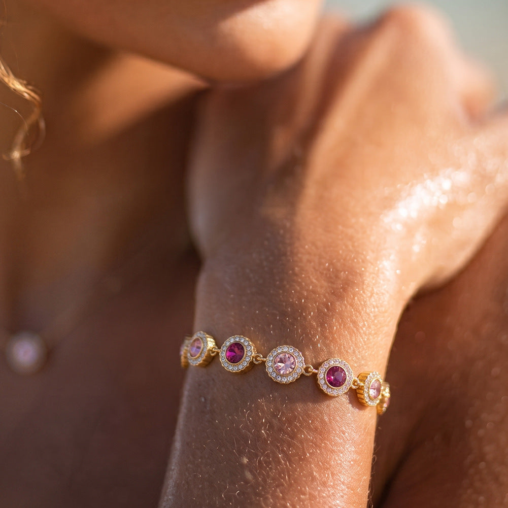 Stainless Steel Pink and Magenta Two-Tone Round CZ Halo Bracelet, Sunflower Halo Cubic Zirconia Bracelet