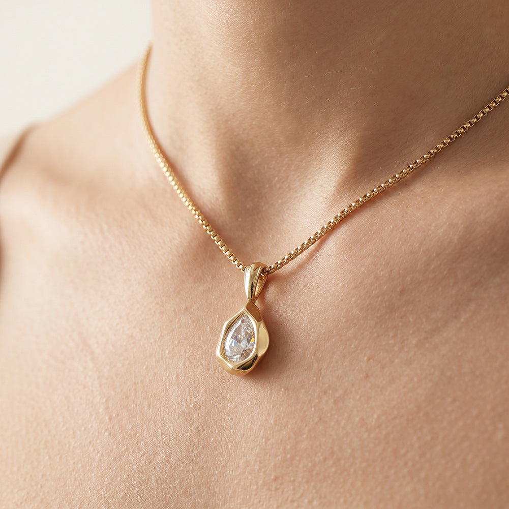 Stainless Steel Teardrop Cubic Zirconia Pendant Necklace, Sparkling Teardrop Cut CZ Stone Bezel Set in Smooth Silver Frame