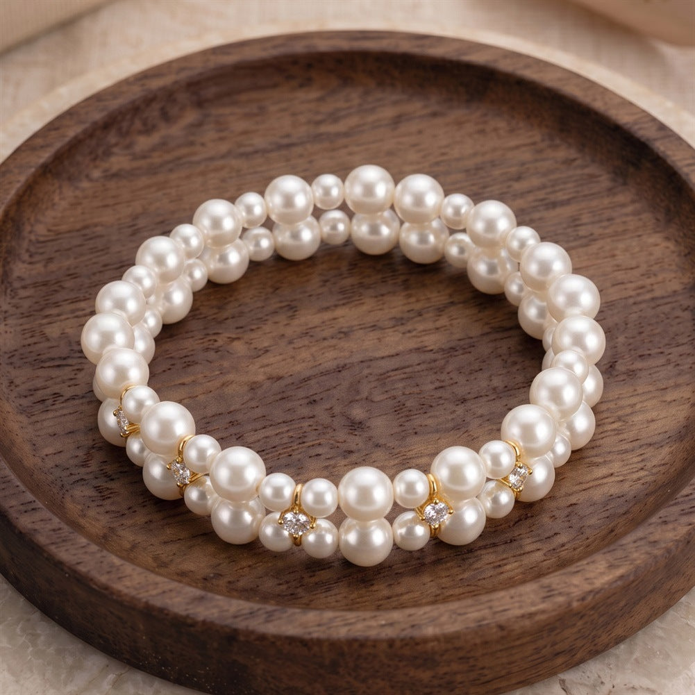 S925 Sterling Silver Triple Strand Grey Pearl Bracelet, Smooth Round Grey Pearls with Muted Metallic Lustre and Zircon Accents
