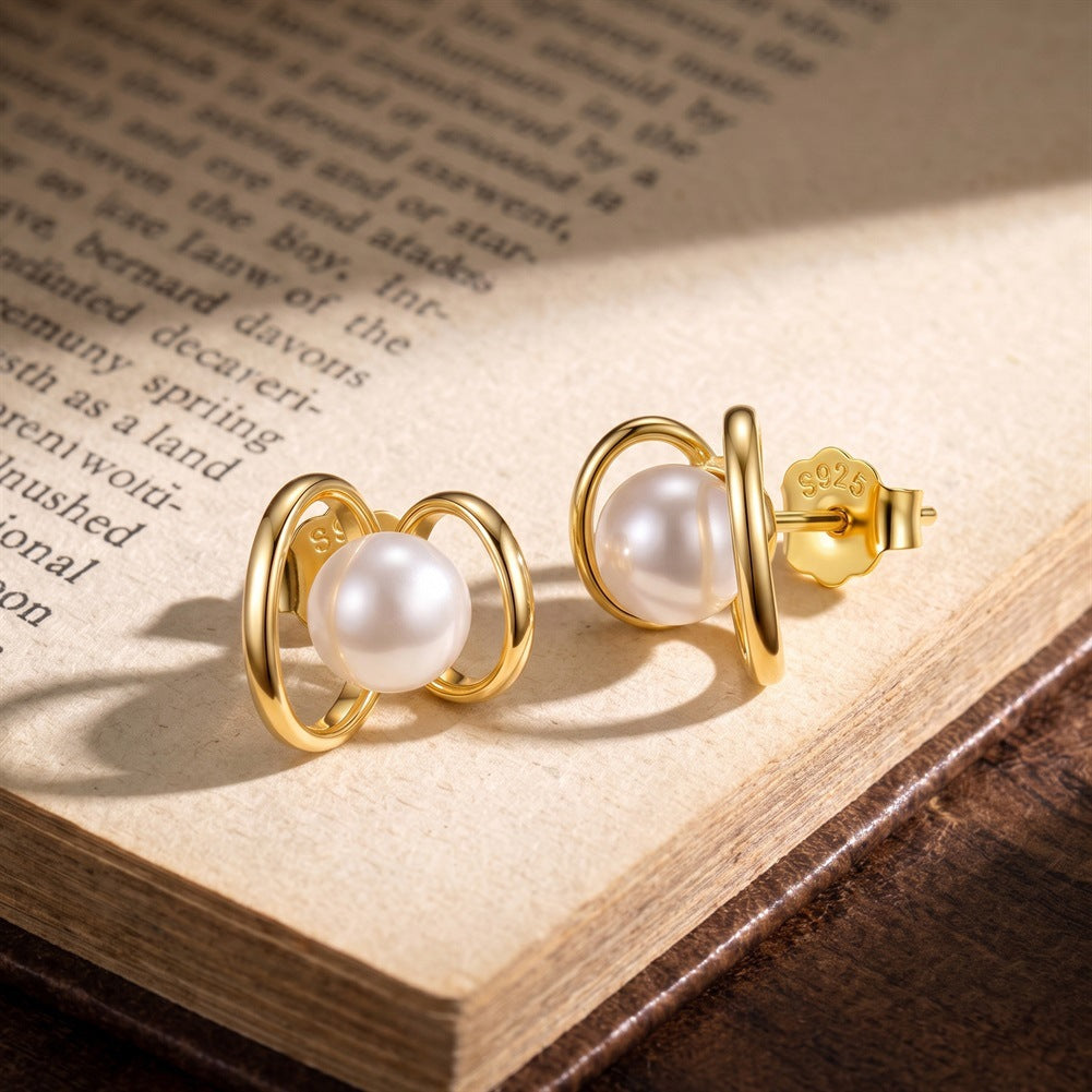 S925 Sterling Silver Double Ring Pearl Stud Earrings, Single Round Pearl with Glossy Even Luster Wrapped by Interlocking Polished Silver Rings
