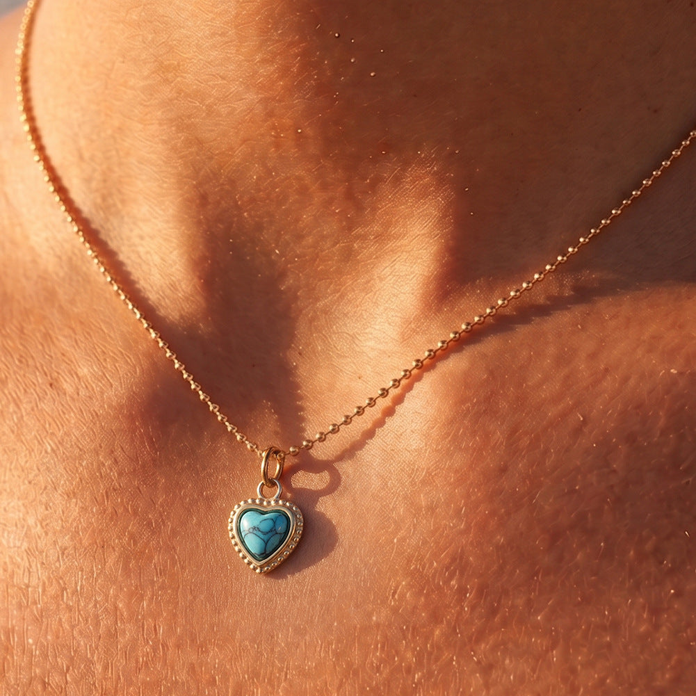 Stainless Steel Heart Turquoise Beaded Ball Chain Necklace, Heart Shaped Turquoise Stone with Natural Cracked Texture and Beaded Silver Border