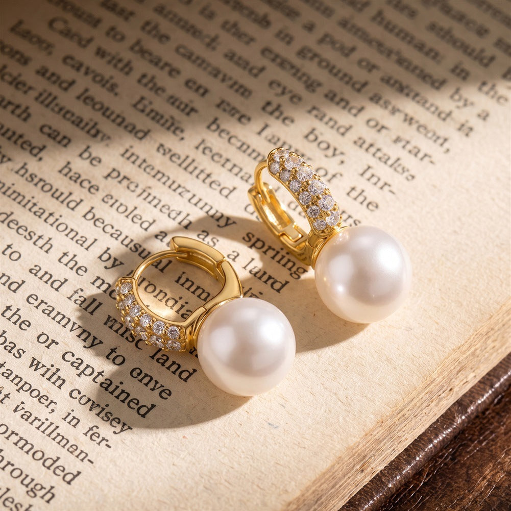 S925 Sterling Silver Huggie Hoop Pearl Earrings, Big Smooth Round Pearl with Bright Silky Luster Dangling from Pave Zircon Hoop