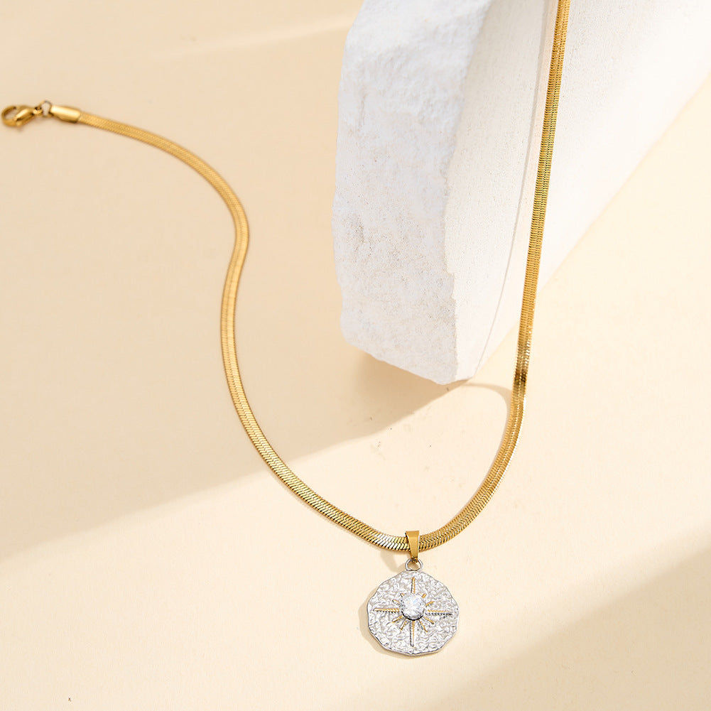 Stainless Steel Two-Tone North Star Medallion Necklace, Hammered Textured Round Disc Pendant with Gold Accent Star and Central CZ, Flat Snake Chain
