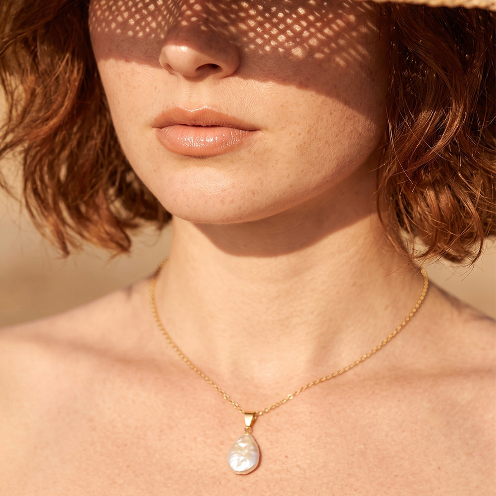 S925 Sterling Silver Teardrop Baroque Pearl Pendant Necklace, Natural Organic Shaped Freshwater Pearl with Smooth Lustrous Surface