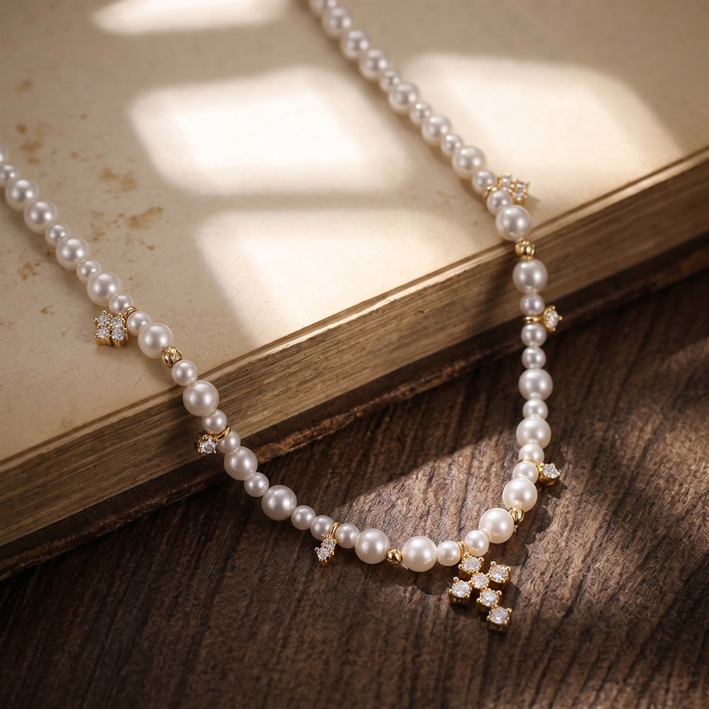 S925 Sterling Silver Graduated Grey Pearl Necklace, Round Glossy Grey Pearls with Soft Lustre Decorated with Sparkling Zircon Cross Charms