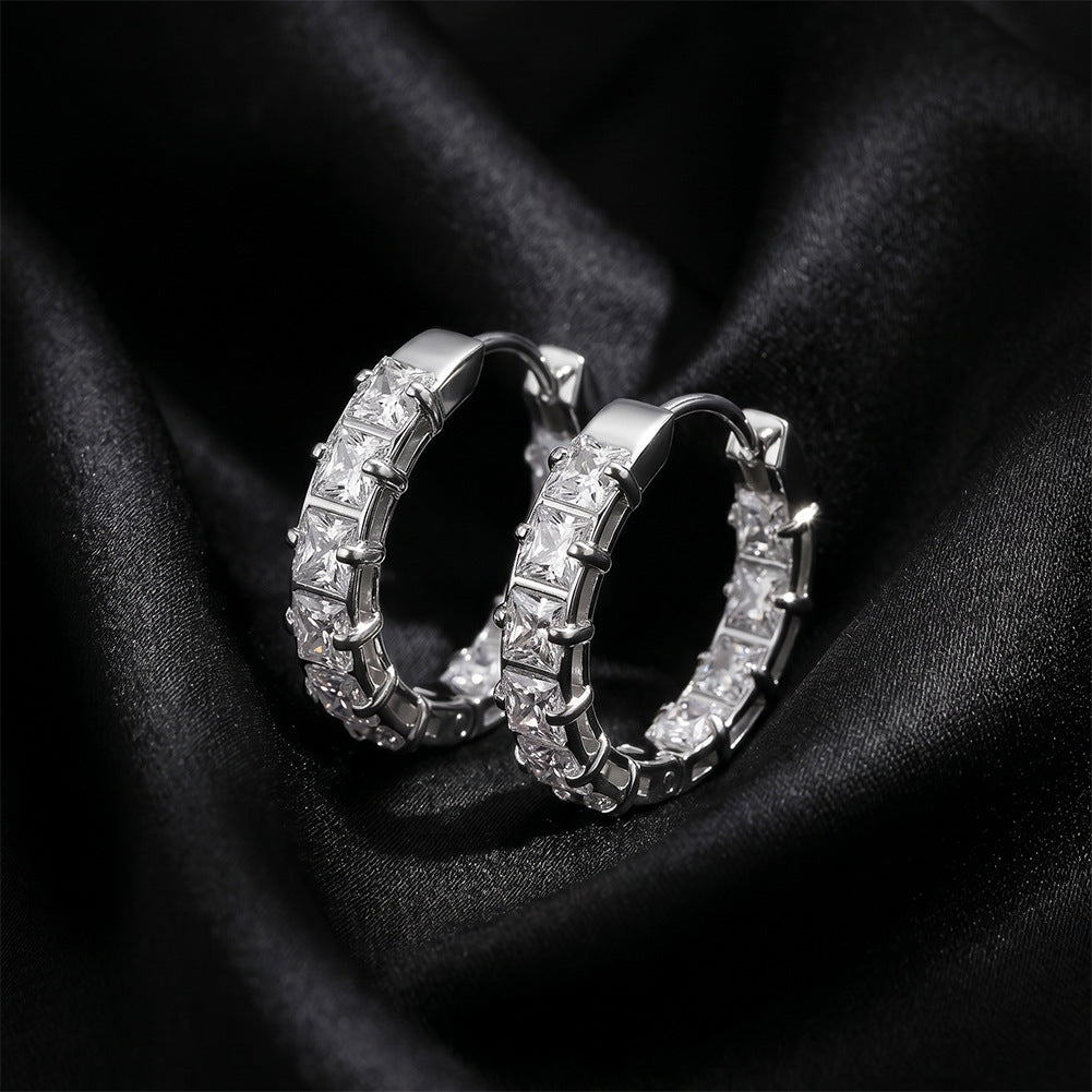 316 Stainless Steel Square Cut CZ Paved Huggie Hoop Earrings, Full Outer Row of Princess Cut Cubic Zirconia, Open Hollow Frame Structure, Hinged Snap Closure, Luxe Sparkling Stackable Hoop Earrings