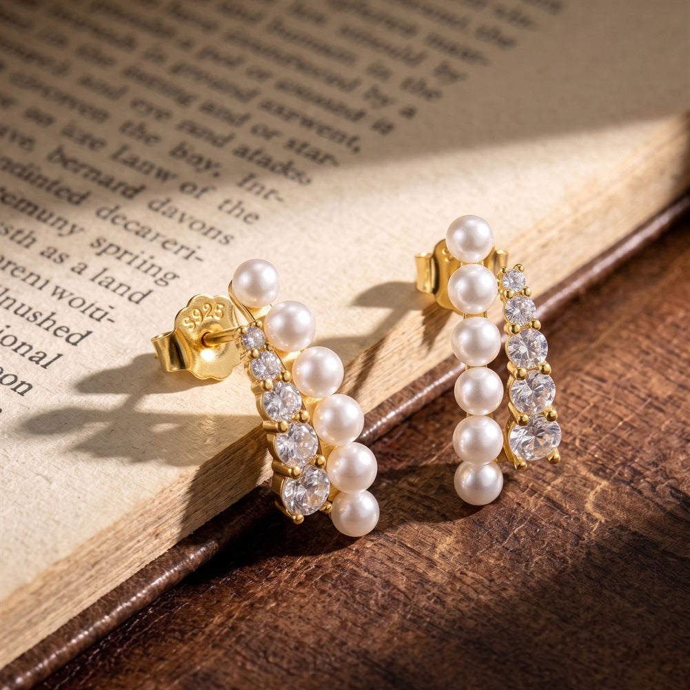 S925 Sterling Silver Curved Cuff Stud Earrings, Lustrous Round Pearls with Soft Natural Luster Paired with Graduated Sparkling Cubic Zirconia