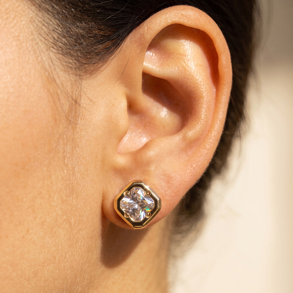Stainless Steel Gold Plated Cushion Cut CZ Square Stud Earrings