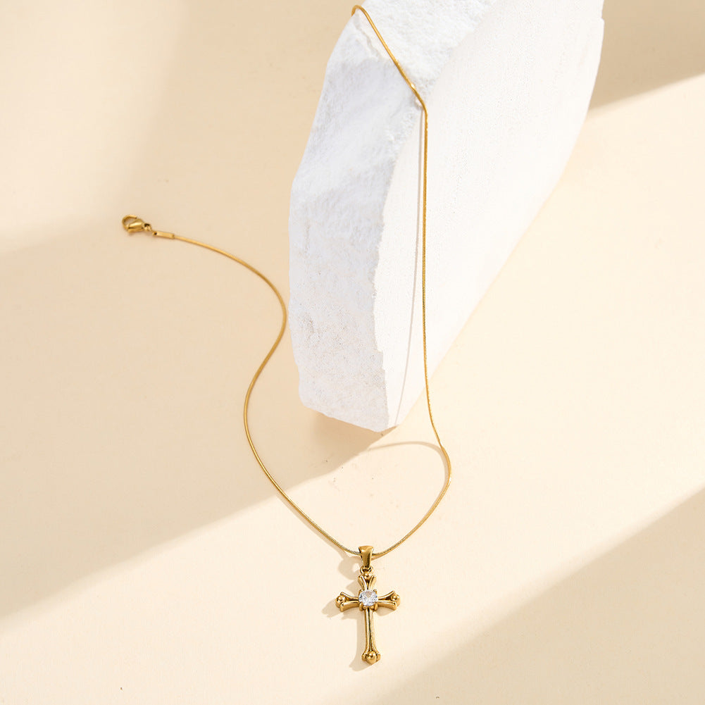 Stainless Steel Vintage CZ Cross Necklace, Retro Ornate Cross with Central Round Cubic Zirconia, Classic Thin Snake Chain