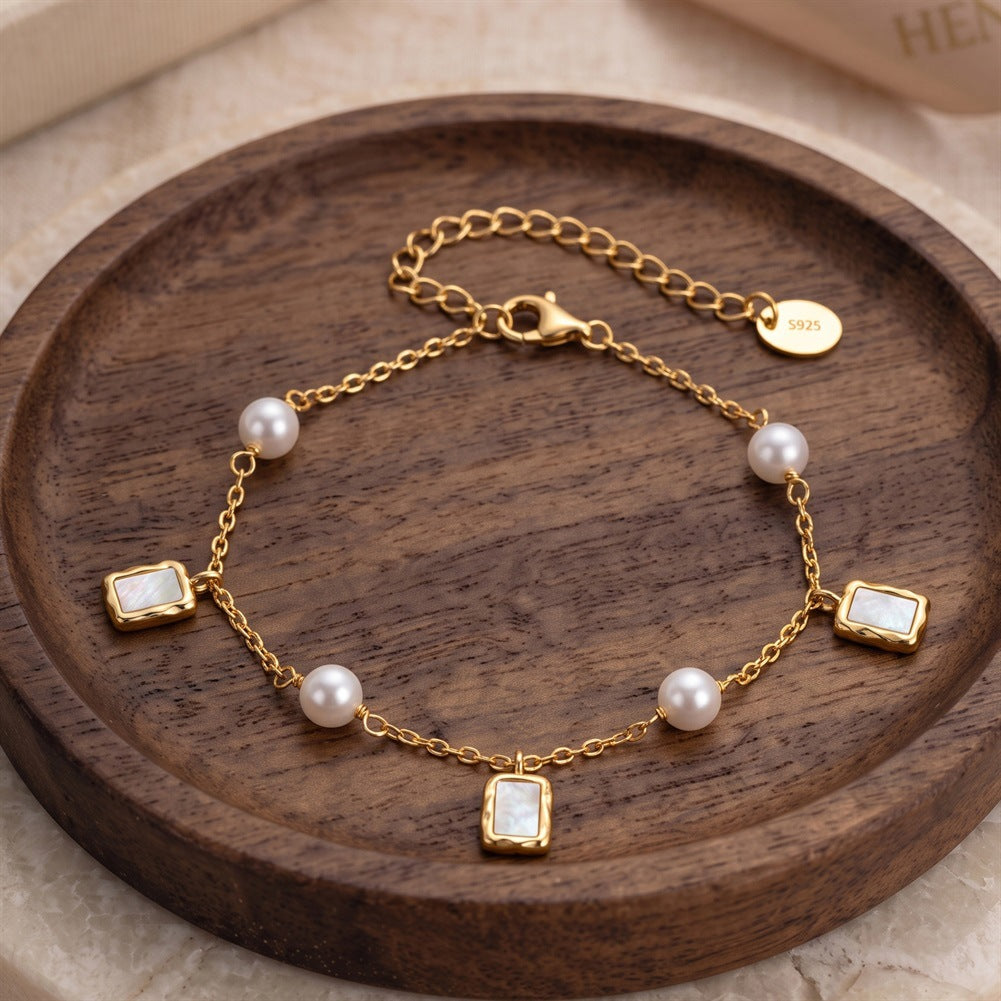 S925 Sterling Silver Bracelet, Round Lustrous Freshwater Pearls with Soft Natural Sheen and Square Mother-of-Pearl Charms