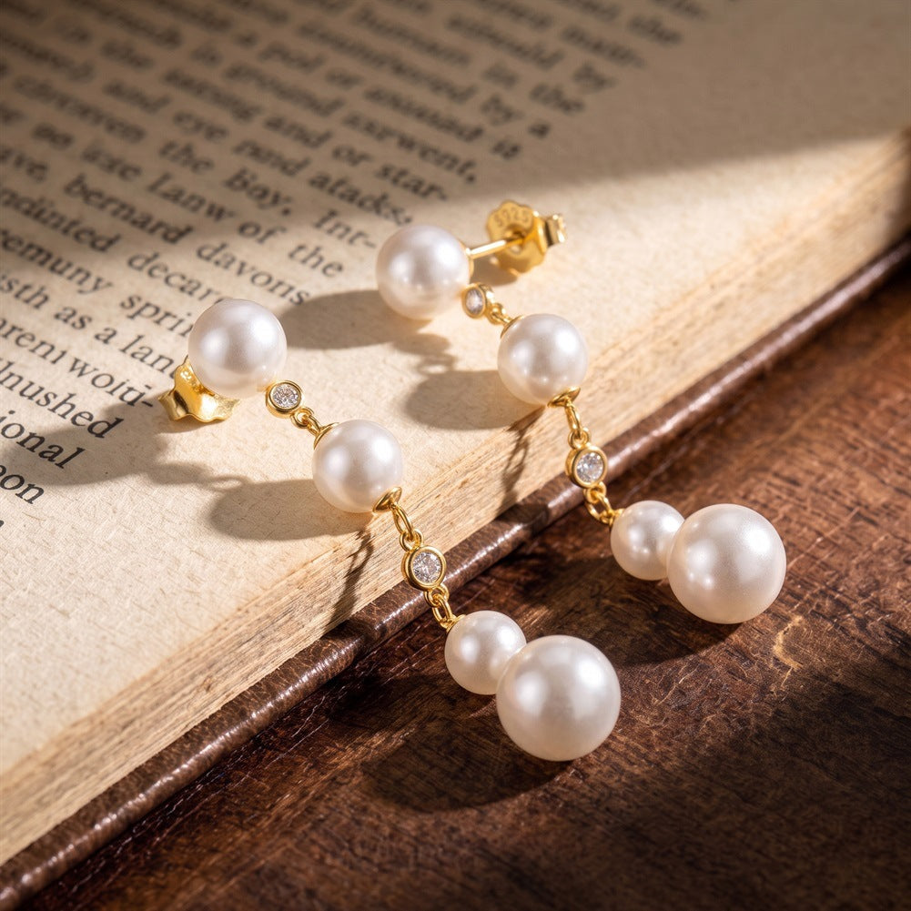 S925 Sterling Silver Layered Pearl Dangle Stud Earrings, Graduated Round Pearls with Gentle Sheen Linked by Tiny Round Cubic Zirconia Accents