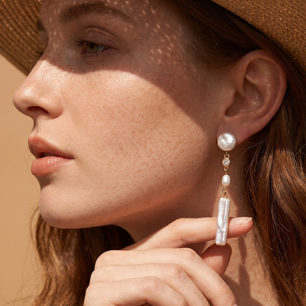 S925 Sterling Silver Multi-Shape Baroque Pearl Long Drop Earrings, Coin Pearl, Rice Pearl and Biwa Stick Pearl with Iridescent Luster