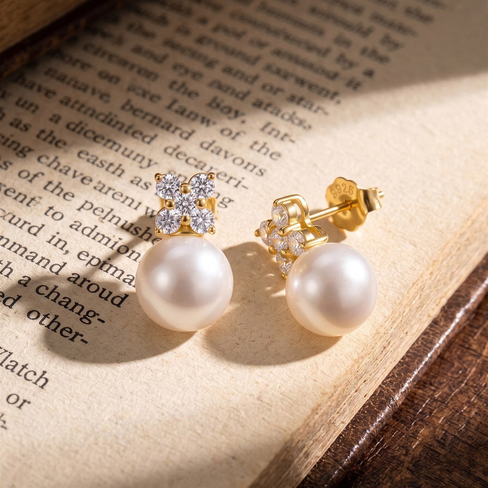 S925 Sterling Silver Four CZ Flower Pearl Stud Earrings, Large Round Pearl with Bright Glossy Iridescent Luster