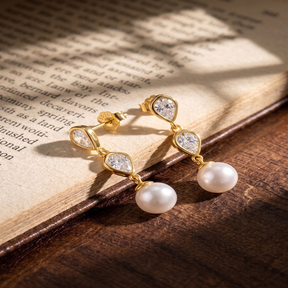 S925 Sterling Silver Double Teardrop Zircon Pearl Dangle Earrings, Big Round Pearl with Gentle Silky Sheen