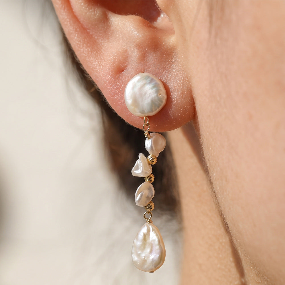 S925 Sterling Silver Cascading Keshi Pearl Long Drop Earrings, Stacked Petal Keshi Pearls and Teardrop Baroque Pearl with Gentle Lustre