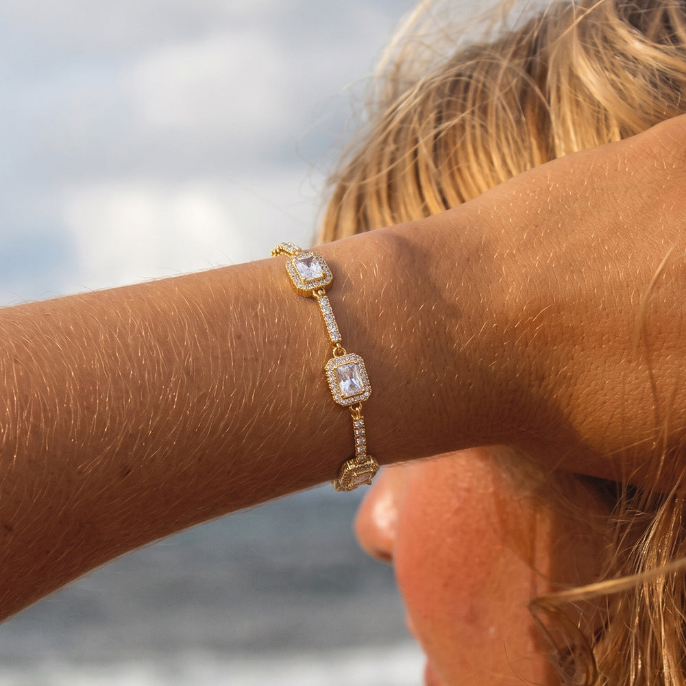 Stainless Steel Emerald Cut CZ Halo Station Bracelet, Rectangular Baguette Halo Zirconia Chain Bracelet