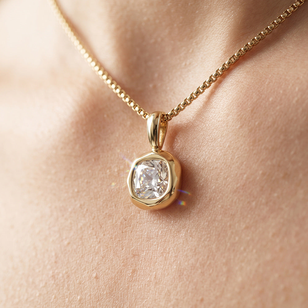 Stainless Steel Cushion Cut Cubic Zirconia Necklace, Brilliant Cushion CZ Stone with Bright Sparkle Bezel Set in Soft Round Silver Setting
