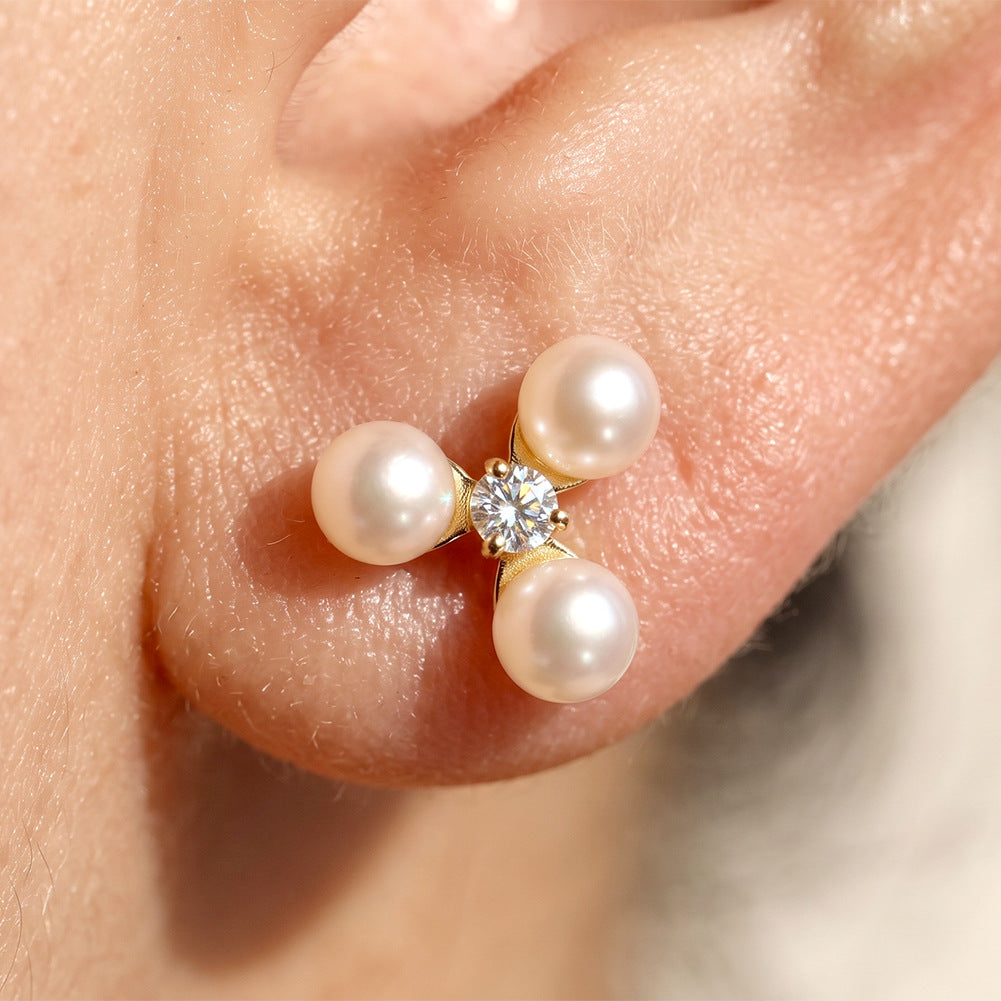S925 Sterling Silver Three Pearl Clover Stud Earrings, Three Round Pearls with Warm Subtle Iridescent Luster